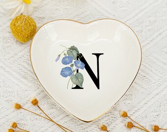 Personalized Birth Flower Jewelry Dish with Letter,Wedding Ring Dish,Bridesmaids Gift for Her,Birthday Gift for Best Friends,Gift for Mom