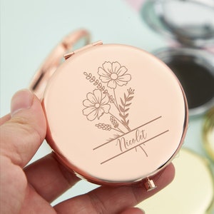 Personalized Name Compact Mirror,Bridesmaid Gifts,Birthday Gift for Best Friends,Custom Gift for Women,Birth Flower Pocket Mirror for Her
