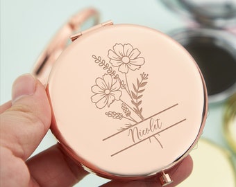 Gepersonaliseerde naam compacte spiegel, bruidsmeisje geschenken, verjaardagscadeau voor beste vrienden, aangepast cadeau voor vrouwen, geboortebloem zakspiegel voor haar