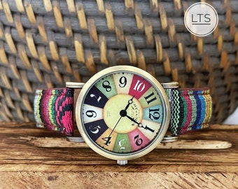 Watches for women/Quirky wrist watch unisex style/Boho hippie steampunk watch/Woven Rainbow watch for women/Gifts for her/Womens gift/LGBT