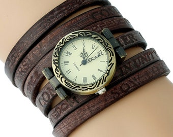 Women's watches gift for her/Genuine Platinum Classic Brown leather watch/Boho hippie steampunk retro watch/vintage leather watch for women