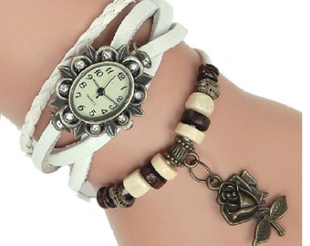 Vrouwen horloges / Minimalistische platina lederen armband horloge / Vintage echte bloem steampunk polshorloge / lederen horloge voor vrouwen / geschenken voor haar