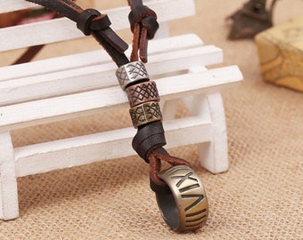 Lederen mannen kettingen vintage ring hanger / echt lederen Steampunk ketting / verstelbare bruine lederen hippie touw sieraden