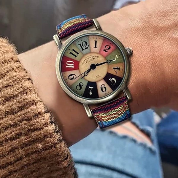 Watches for women/Quirky wrist watch unisex style/Boho hippie steampunk watch/Woven Rainbow watch for women/Gifts for her/Womens gift/LGBT