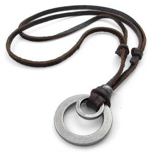 Leather Men Necklaces Pendants/Genuine Leather Punk Vintage Geometric Circle Necklace/Adjustable Brown Leather Rope Jewelry/Mens Jewellery