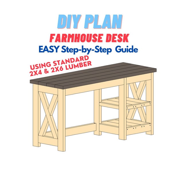 Plan de travail du bois de bureau rustique de ferme moderne - Guide facile étape par étape - Seulement du bois de construction standard nécessaire - Menuiserie Zing