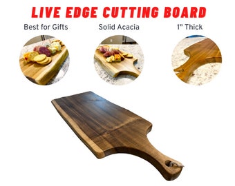 Premium Natural Live Edge Acacia Serving Cutting Charcuterie Board With Handle - Handcrafted - 19"x7.5"x1" - Best For Gifts - Zing Woodworks