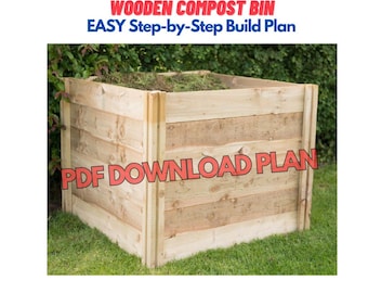 May include: A wooden compost bin with a PDF download plan. The bin is made of natural wood and is filled with compost. The bin is sitting on a grassy lawn.
