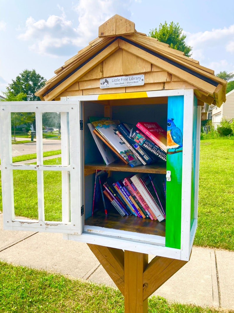 Puede incluir: Una peque&ntilde;a biblioteca gratuita de madera con un exterior pintado de azul, verde y blanco. La puerta est&aacute; abierta y hay varios libros en el interior. El letrero en la parte delantera dice "Little Free Library Take a Book Share a Book".