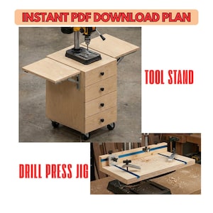 Pode incluir: Um suporte de ferramentas de madeira com uma furadeira de coluna, três gavetas e duas mesas laterais dobráveis. O suporte está sobre rodas e inclui o texto "INSTANT PDF DOWNLOAD PLAN" e "TOOL STAND".