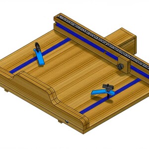 May include: A wooden woodworking jig with blue guides and clamps. The jig has a measuring scale and is designed for precise cuts. The wood has a natural grain, and the clamps are bright blue.