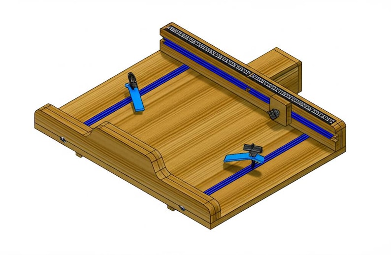 May include: A wooden woodworking jig with blue guides and clamps. The jig has a measuring scale and is designed for precise cuts. The wood has a natural grain, and the clamps are bright blue.
