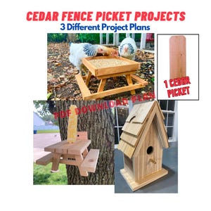 May include: Three DIY projects made from cedar fence pickets: a bird feeder table, a birdhouse, and a corn cob holder.  The projects are made from unfinished cedar wood.  The text "1 Cedar Picket" is visible in the image.