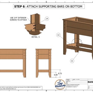 May include: Diagram showing how to attach supporting bars to the bottom of a raised cedar planter with a storage shelf. The diagram includes detailed instructions and measurements in inches.