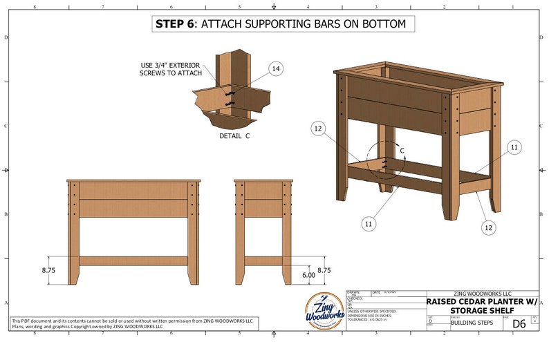 May include: Diagram showing how to attach supporting bars to the bottom of a raised cedar planter with a storage shelf. The diagram includes detailed instructions and measurements in inches.