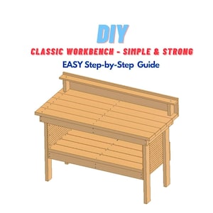 Può includere: DIY Banco da lavoro classico - Semplice e robusto Guida passo passo facile. Un disegno a linea di un banco da lavoro in legno con uno scaffale e un piano superiore.