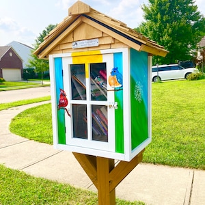 Puede incluir: Una peque&ntilde;a biblioteca gratuita de madera con un exterior pintado de azul, verde y blanco. La biblioteca tiene una peque&ntilde;a ventana con estantes llenos de libros. El techo es marr&oacute;n y tiene un dise&ntilde;o de tejas. La biblioteca est&aacute; pintada con un p&aacute;jaro azul, un cardenal y un diente de le&oacute;n.
