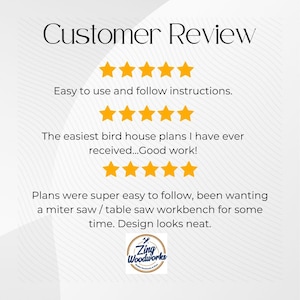 May include: A customer review graphic with gold star ratings and text. The text reads: "Easy to use and follow instructions." and "The easiest bird house plans I have ever received...Good work!" The Zing Woodworks logo is at the bottom.