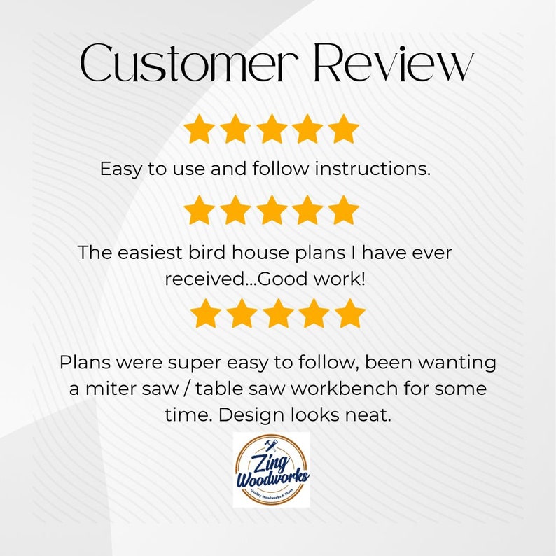 May include: A customer review graphic with gold star ratings and text. The text reads: "Easy to use and follow instructions." and "The easiest bird house plans I have ever received...Good work!" The Zing Woodworks logo is at the bottom.