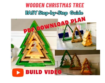 May include: A wooden Christmas tree craft project with a step-by-step guide and PDF download plan. The image shows a green and natural wood tree with a build video icon.