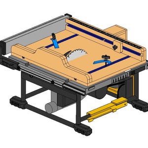 May include: A table saw with a light brown top, a silver blade, and blue and black accents. The saw has a black base and a yellow support arm. The saw is designed for woodworking and cutting materials.