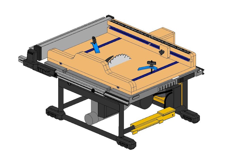 May include: A table saw with a light brown top, a silver blade, and blue and black accents. The saw has a black base and a yellow support arm. The saw is designed for woodworking and cutting materials.