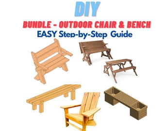 May include: DIY plans for building outdoor furniture, including a chair, bench, and a bench with a planter box. The plans are easy to follow and include step-by-step instructions.