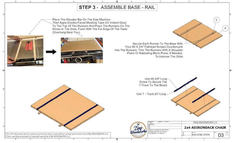 May include: Diagram for assembling a 2x4 Adirondack chair base, step 3. Instructions include securing runners, using screws, and attaching a T-track. The diagram shows the steps with illustrations and text.