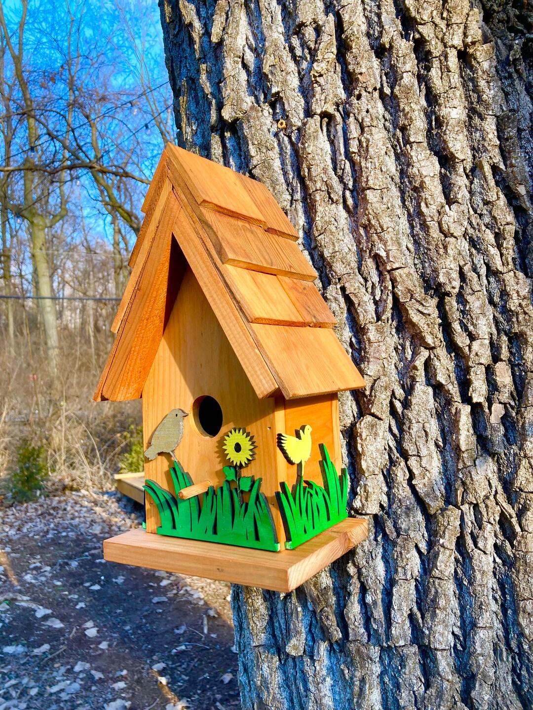 Wood Cedar Bird House Hand Made From Natural Cedar Wood Hand Crafted