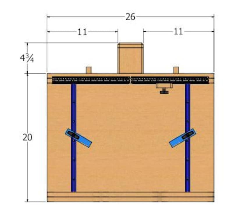 May include: Top-down view of a wooden woodworking table with blue and black components. The table is 26 inches wide, 20 inches tall, and 4.75 inches deep. The table has two blue clamps and a central wooden structure.