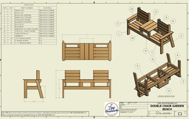 Double Chair Garden Bench DIY Patio Lawn Deck Garden Outdoor Furniture Easy Weekend Project Zing Woodworks image 3