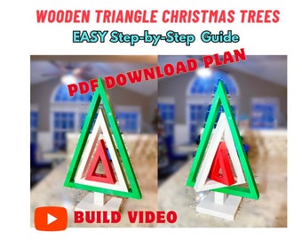 May include: A DIY project for making wooden triangle Christmas trees. The image shows two finished trees, one with green, white, and red triangles, and the other with white, red, and green triangles. The text on the image reads "Wooden Triangle Christmas Trees, Easy Step-by-Step Guide, PDF Download Plan, Build Video".