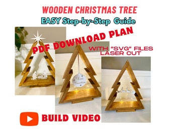 May include: Three wooden Christmas tree shelf designs with lights and decorations. The trees are made of wood and have a natural finish. The shelves are decorated with a star, a reindeer, and a sign that says "First Teacher". The image includes the text "Wooden Christmas Tree Easy Step-by-Step Guide PDF Download Plan with "SVG" Files Laser Cut Build Video".