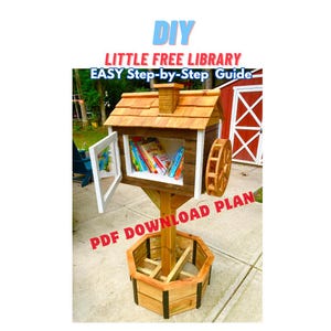 May include: DIY Little Free Library Easy Step-by-Step Guide PDF Download Plan. A wooden structure with a shingled roof, a window, and a shelf for books. The structure is mounted on a wooden post with a hexagonal base.