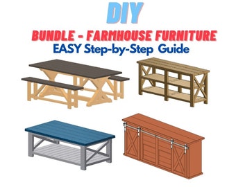 BUNDLE - Farmhouse Furniture - Dining Table - Coffee Table - Sofa Table - TV Stand - Woodworking Plans - Easy Step-by-Step Guide