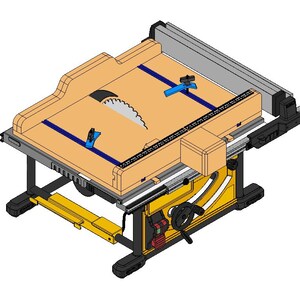 May include: A table saw with a beige top, a silver blade, and a black and yellow base. The saw has a silver blade guard and a blue guide rail. The saw is designed for cutting wood and other materials.