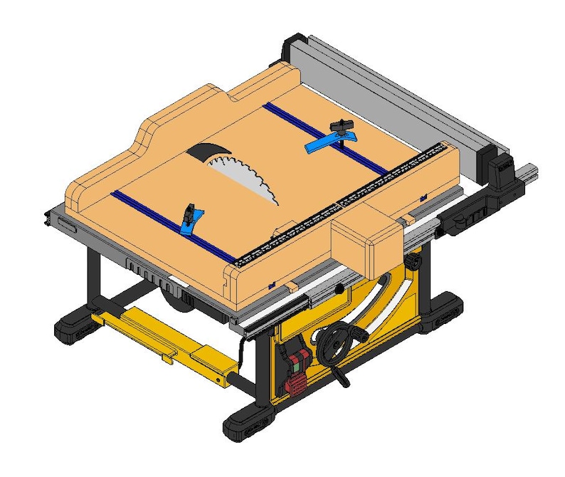 May include: A table saw with a beige top, a silver blade, and a black and yellow base. The saw has a silver blade guard and a blue guide rail. The saw is designed for cutting wood and other materials.