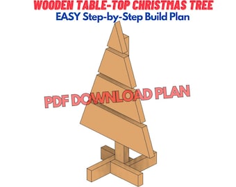 May include: A digital illustration of a wooden table-top Christmas tree. The tree is made of five pieces of wood, stacked on top of each other to form a triangle shape. The tree has a base made of four pieces of wood, forming a cross shape. The text "PDF DOWNLOAD PLAN" is written in blue letters on a white background.
