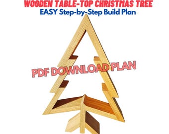 May include: A wooden table-top Christmas tree, made of light brown wood, with a simple design. The tree is assembled in a layered style, with each layer slightly offset from the one below. The text "PDF DOWNLOAD PLAN" is superimposed on the image.