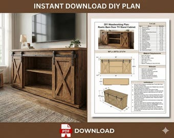 Farmhouse TV Stand Console with Barn Doors Woodworking Plans - Weekend Projects - Easy Step-by-Step Guide - Projects with Standard