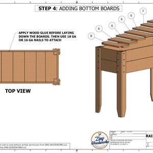 May include: Step 4 of building instructions for a raised cedar planter with a storage shelf. The image shows a top view of the planter with the bottom boards being added. The instructions state to apply wood glue before laying down the boards and to use 18 gauge or 16 gauge nails to attach.