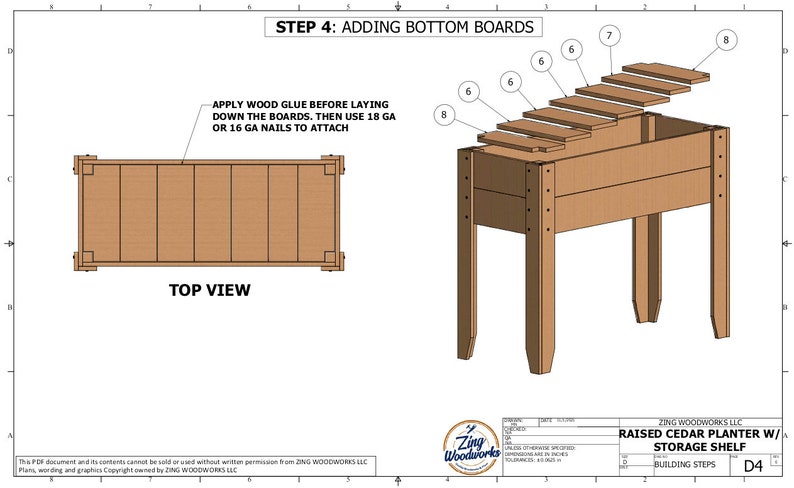 May include: Step 4 of building instructions for a raised cedar planter with a storage shelf. The image shows a top view of the planter with the bottom boards being added. The instructions state to apply wood glue before laying down the boards and to use 18 gauge or 16 gauge nails to attach.