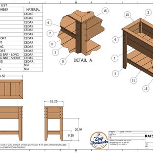 May include: Diagram of a raised cedar planter with a storage shelf. The planter is 41.5 inches wide and 18.25 inches deep. The shelf is 18.25 inches wide and 9.38 inches deep. The planter is made of cedar wood and has a natural finish. The diagram includes a parts list and a detailed view of the corner joint.