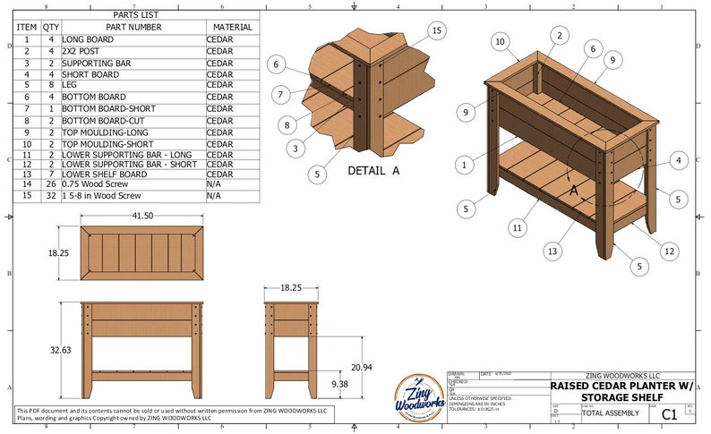 May include: Diagram of a raised cedar planter with a storage shelf. The planter is 41.5 inches wide and 18.25 inches deep. The shelf is 18.25 inches wide and 9.38 inches deep. The planter is made of cedar wood and has a natural finish. The diagram includes a parts list and a detailed view of the corner joint.