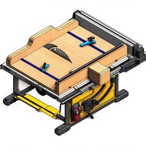 May include: A table saw with a wooden top, a circular blade, and a yellow and black base. The saw has a blue guide rail and a wooden fence. The saw is designed for cutting wood.