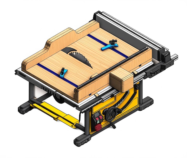 May include: A table saw with a wooden top, a circular blade, and a yellow and black base. The saw has a blue guide rail and a wooden fence. The saw is designed for cutting wood.