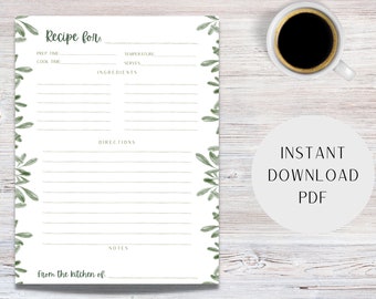 Printable Recipe Page Card Template, Simple Recipe Card, Instant Download Printable PDF, US Letter, A4, 7x5, 6x4