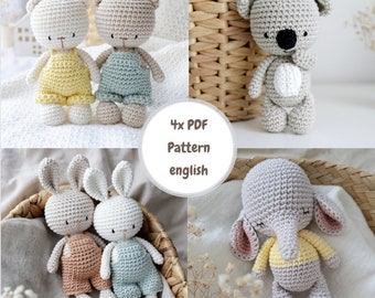 4x PDF pattern instructions English rabbit, teddy, koala and elephant amigurumi