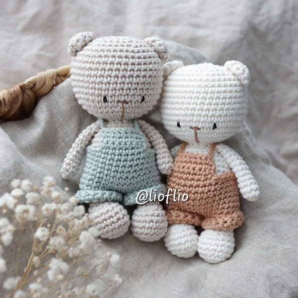 PDF Pattern Bär Teddy Flio mit Latzhose amigurumi Häkelanleitung Kuscheltier, de/en/fr