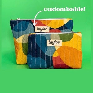 Borsa per il trucco trapuntata personalizzata, semplice astuccio triangolare con cerniera, borsa da toilette in cotone, astuccio portaoggetti retrò colorato